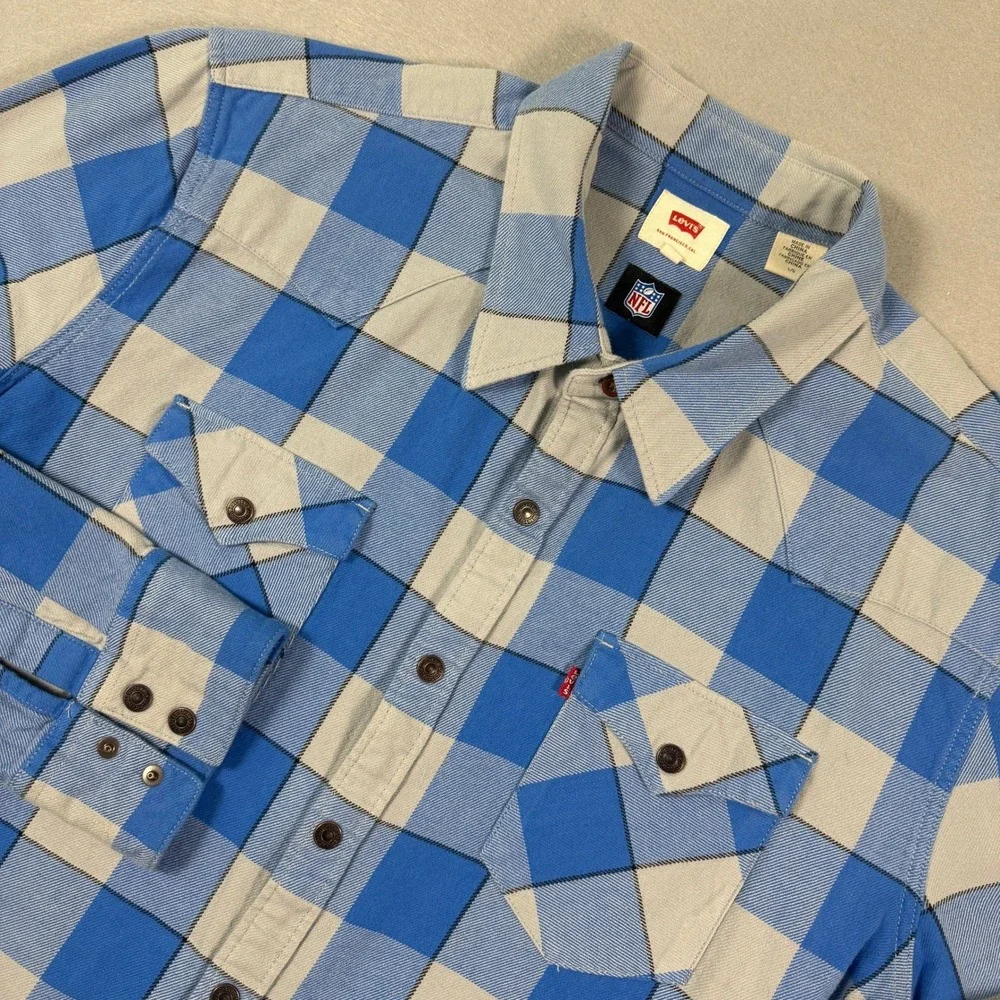 Levis Detroit Lions Flannel Shirt Mens‎ L Blue Plaid NFL Button Up Logo Football